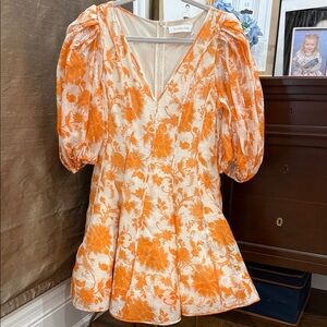 Zimmermann Linen Orange and Cream Floral Puff-Sleeve Mini Tunic 2